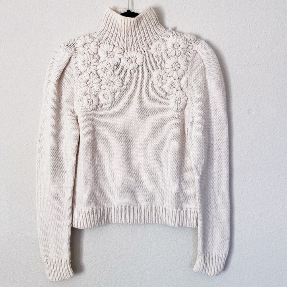 ULLA JOHNSON Calla Sweater Off White Embroidered Merino Wool Turtleneck …